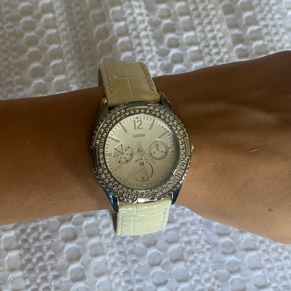 Guess Women's Ivory Watch with Sparkling Bezel